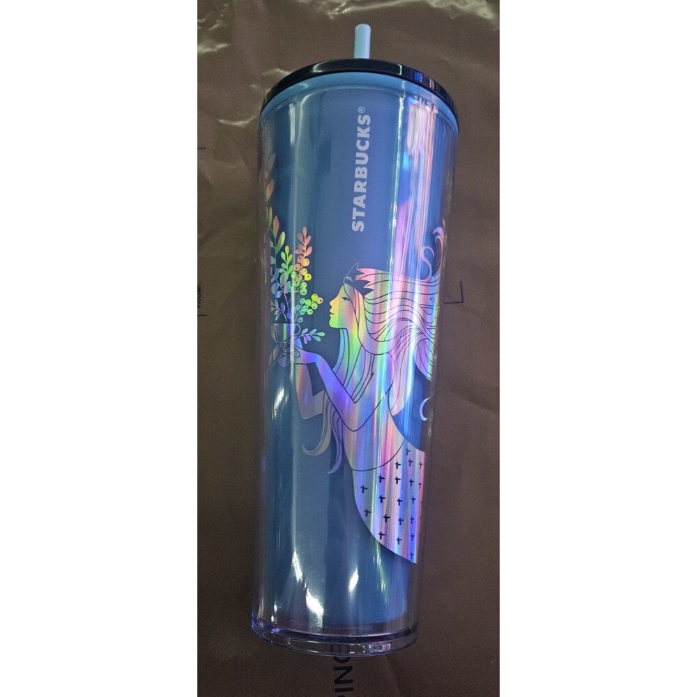 Starbucks Mermaid Tumbler Cup 24 oz Blue Iridescent Silver Siren Holiday 2021